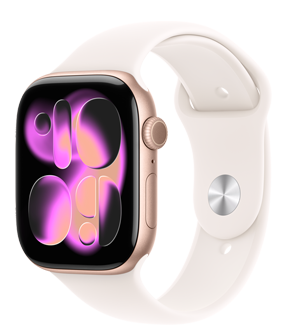Apple Watch Series 11, алюмінієвий корпус, колір «рожеве золото», циферблат «Потік», з правого боку на годиннику розташовані коронка Digital Crown, мікрофон і бічна кнопка, спортивний ремінець кольору «легкий румʼянець»