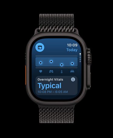 Apple Watch Ultra 3 у титановому корпусі чорного кольору, додаток «Життєві показники», графік оцінки стану здоров’я, сповіщення про відхилення в нічних показниках, ремінець, міланський сітчастий браслет чорного кольору