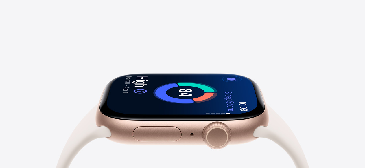 Apple Watch Series 11, roosa kulla värvitoon, alumiiniumist korpus, une hinnang, parempoolne väliskülg, Digital Crown, mikrofon, küljenupp, tähevalge Sport Band kellarihm