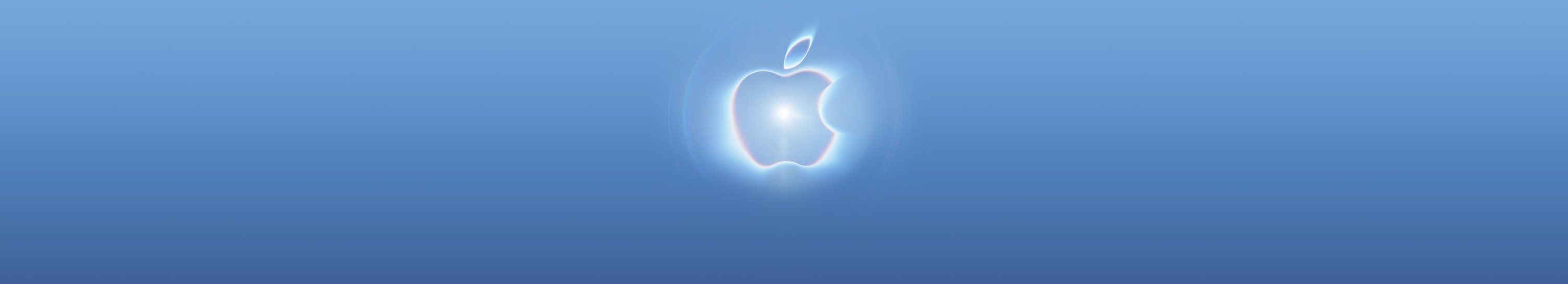 Logo de Apple con un efecto de neón brillante en tonos azules y rosas, un destello blanco en el centro, sobre un fondo degradado