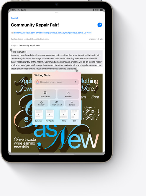 Kirjoitustyökalut, uusi Apple Intelligencen ominaisuus, näkyvillä iPad minin Mail-apissa.