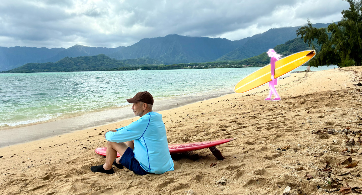 Foto eines Mannes, der an einem Strand sitzt. Das Bereinigen Tool wird verwendet, um eine Person hervorzuheben, die aus dem Hintergrund des Fotos entfernt werden soll