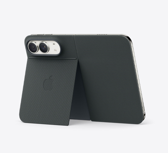 iPhone Duo, Star White color, propped up with the Navy Blue Folio with Kickstand, fully opened horizontally, back exterior featuring the 48MP Dual Fusion rear cameras, two lenses