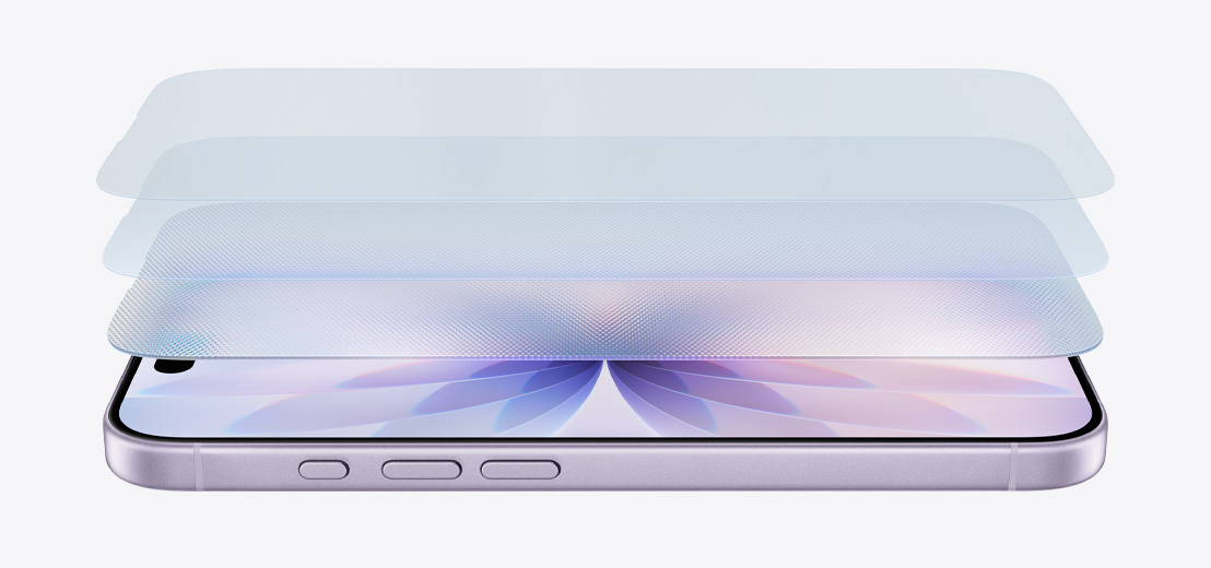 iPhone 17 horizontal on its side in Lavender finish, with a layered design showcasing Ceramic Shield 2