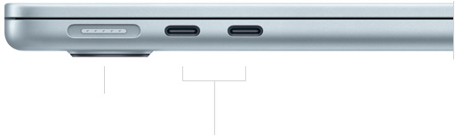 Pohled na zavřený MacBook Air z levé strany, ukazující konektor MagSafe a dva porty Thunderbolt