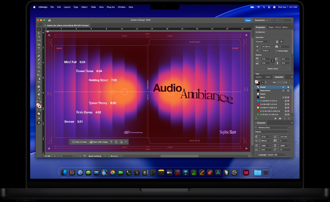 MacBook Pro 螢幕展示正在使用 Adobe InDesign 製作黑膠唱片封套