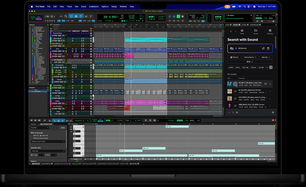 MacBook Pro 螢幕展示正在使用 Pro Tools 編輯歌曲