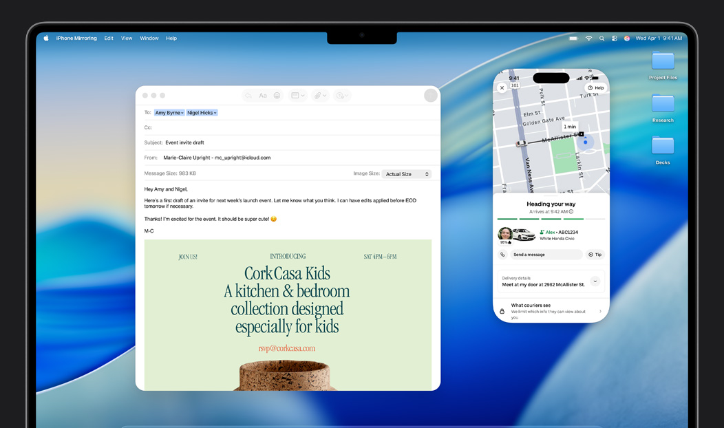 MacBook Pro 展示打開的郵件 app，以及輸出到 MacBook Pro 螢幕上的 iPhone 鏡像輸出畫面，顯示 Uber Eats 即將送達