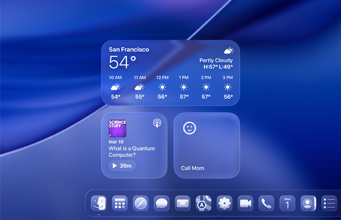 Écran macOS Tahoe affichant les widgets Météo, Podcasts et Rappels en Liquid Glass